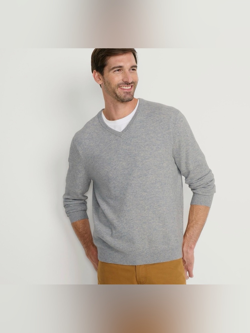 Lands' End Mens Cashmere V-Neck Sweater - Light Grey
